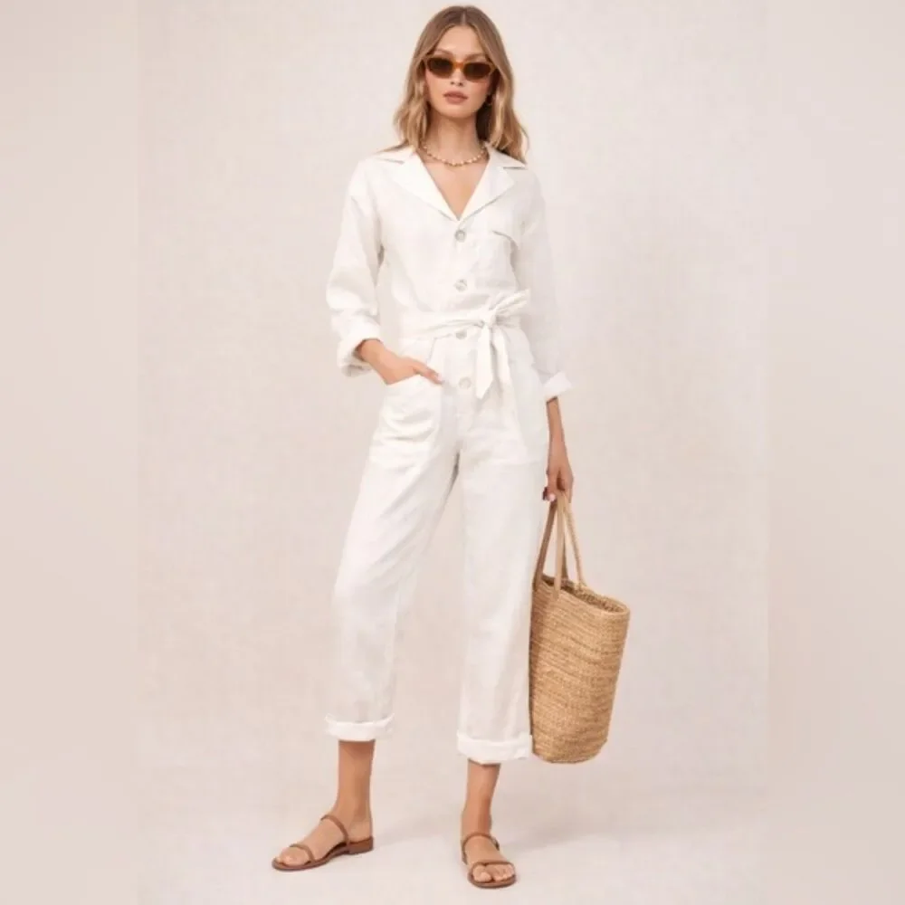 Reformation Cade Linen Jumpsuit White Button Front Lagenlook Minimalist Size XS